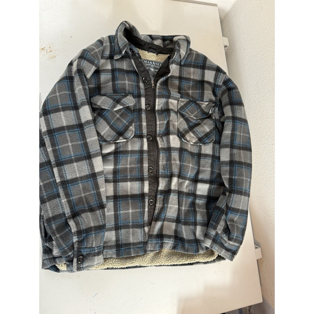 Maxxsel‎ Jacket Mens XL Blue Black Gray Plaid Sherpa Lined Flannel Shirt
